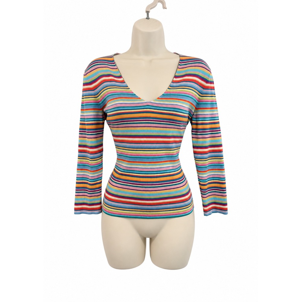 Ralph Lauren 90s Silk Blend Sweater Colorful Stripe V-Neck Pullover Slim Fit